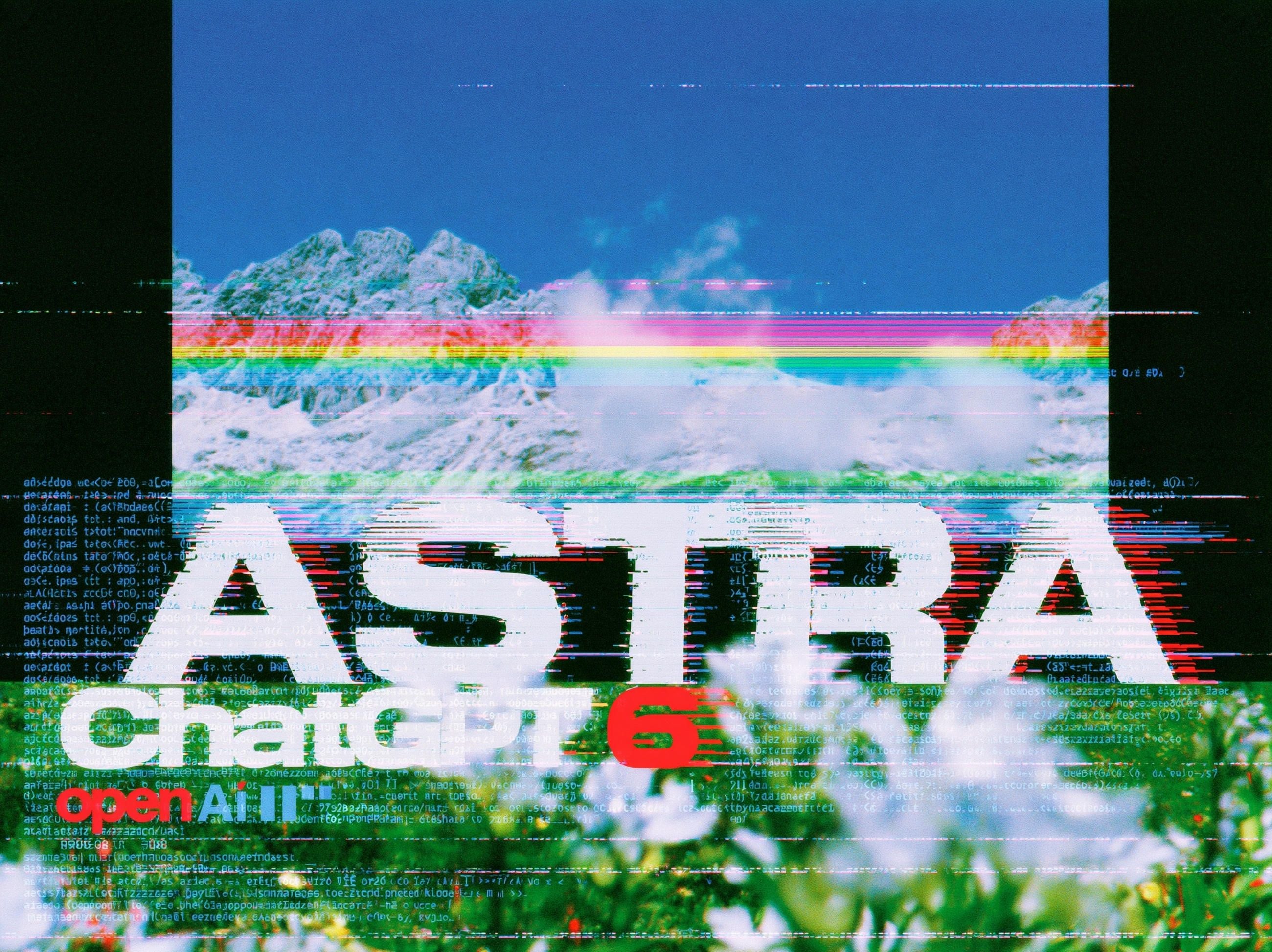 Glitched ASTRA and ChatGPT 6 wordmark with the OpenAI logo, overlaid on a snow covered mountain range and a field of wildflowers