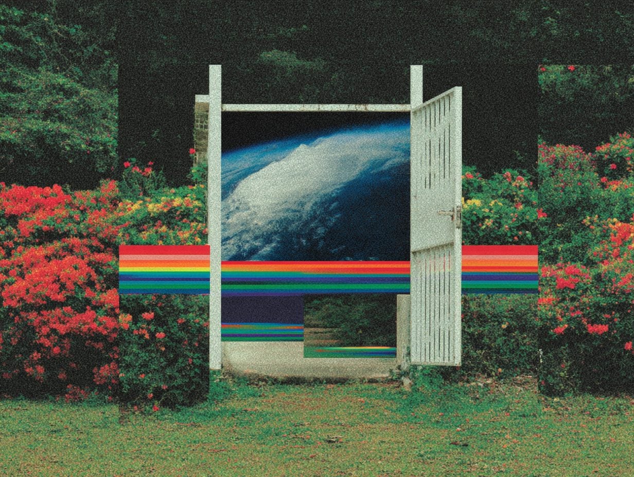A collage of a white garden gate standing open between flowering hedges, with a view of Earth from space framed inside it