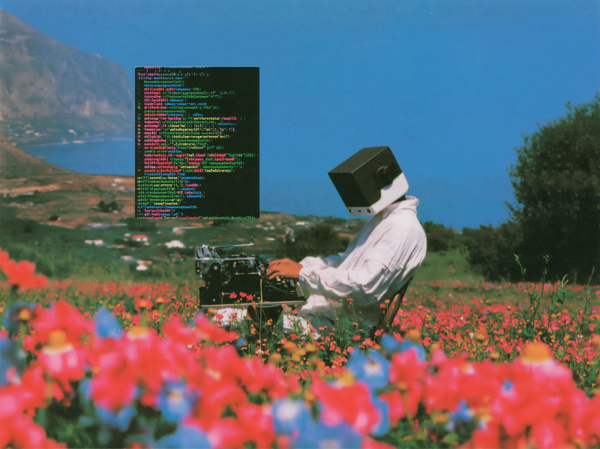 Surreal collage of a figure with a boxy robot head typing on a vintage typewriter in a Mediterranean wildflower field, with a screen of garbled code floating beside them